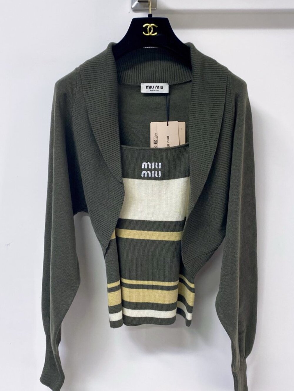 Miu Miu 2‑Piece Knit Set Shrug Bolero + Striped Cami Top Matching Outfit